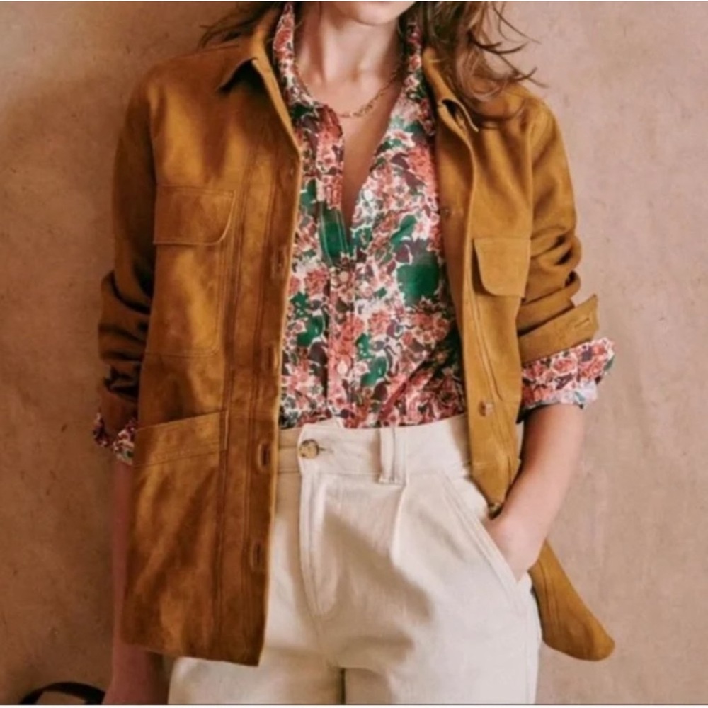 Sezane Willa Jacket 100% Goat Leather Camel Suede Size Small